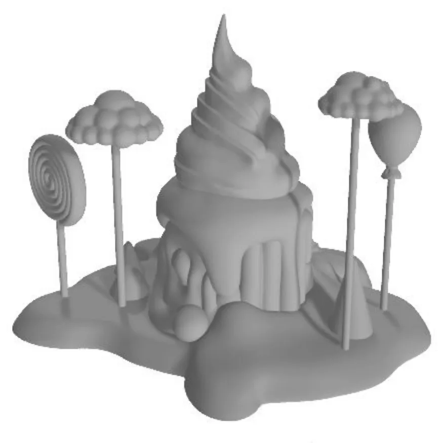 Grey render of the first 3D sculpt: a soft-serve swirl melting over a cake on an island, with a lollipop, a balloon and two clouds on rods
