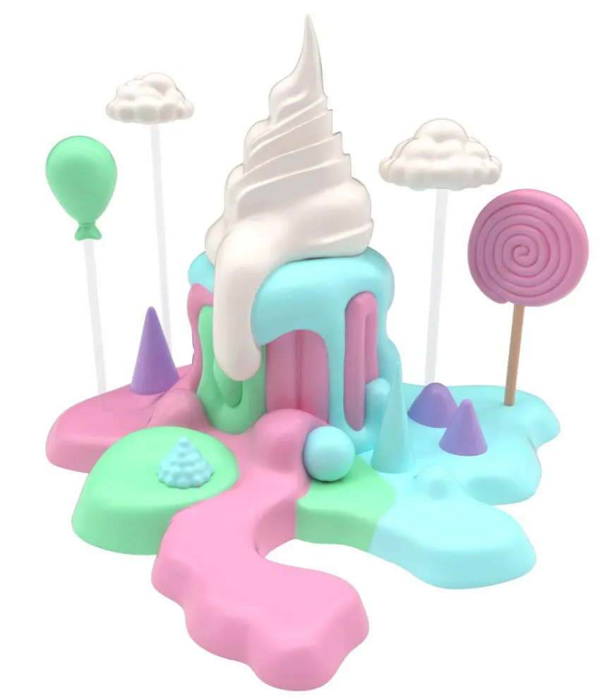 First colour render: a white swirl over pink, mint and blue drips, with a mint balloon, a pink lollipop and two white clouds
