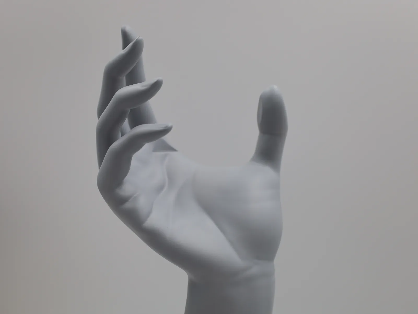 Close-up of the printed grey hand, its long fingers and thumb curved as if holding something
