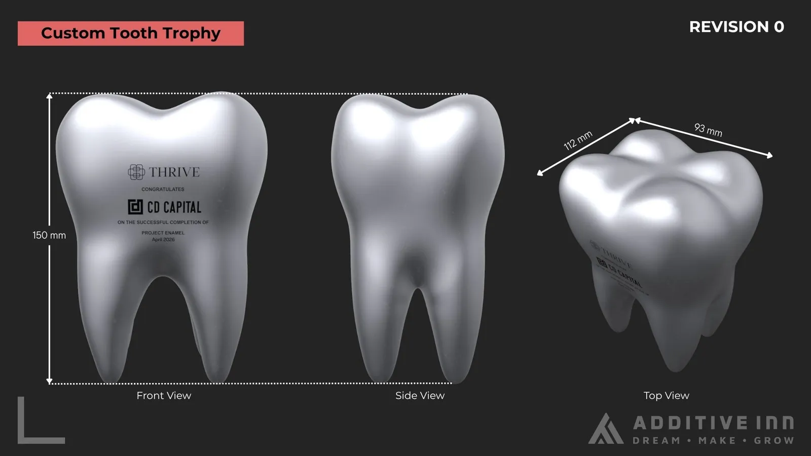 Render, Revision 0: front, side and top views of the tooth trophy, 150 mm tall and about 112 by 93 mm across the crown