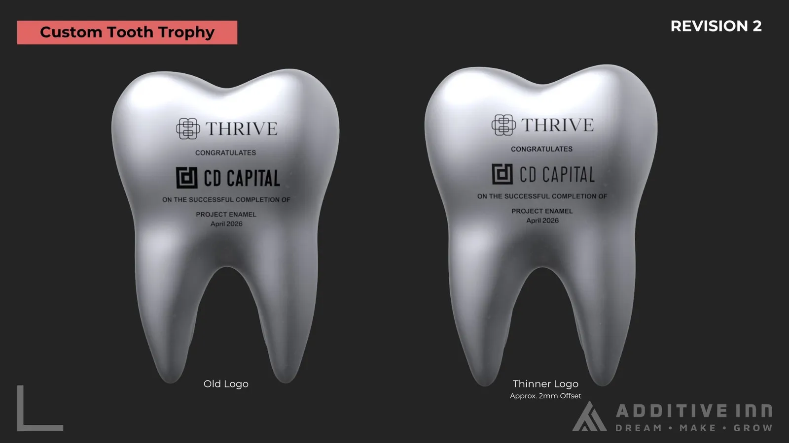 Render, Revision 2: the earlier CD Capital logo beside the thinner version, about 2 mm slimmer, chosen to match the Thrive