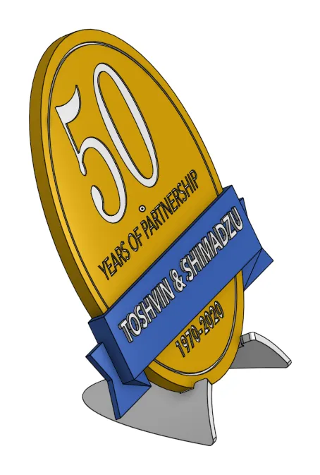 Render of the same mock-up from the side, showing the banner standing proud of the coin and the two curved legs