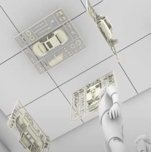Render looking up at the kits from below, each car and its parts laid out on a frame