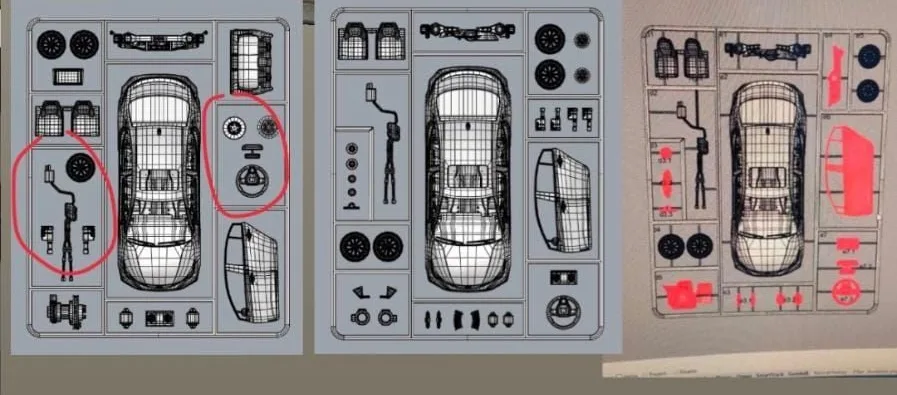 Three kit layouts side by side, with parts circled in red on the first and highlighted in red on the third