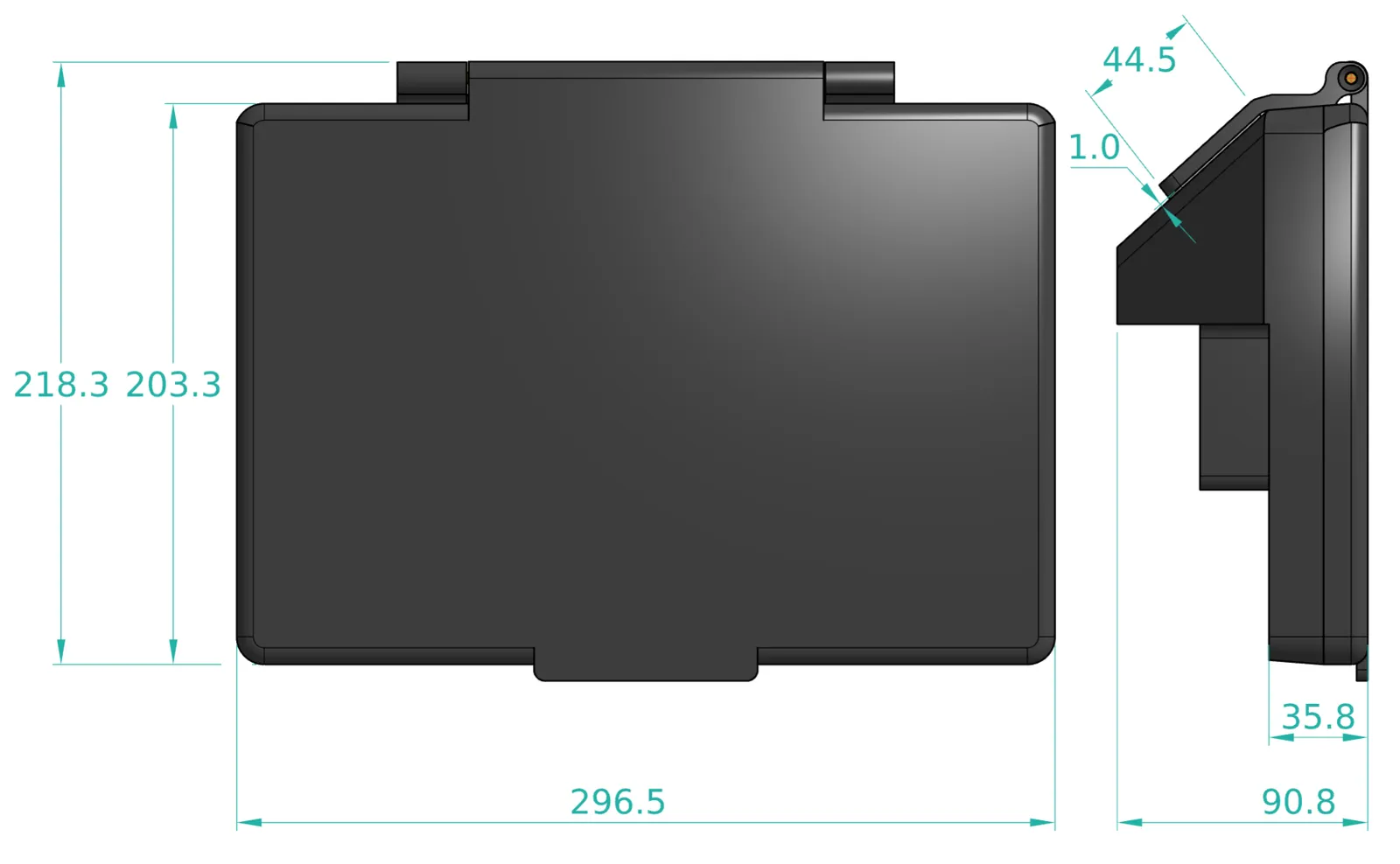 Size drawing of the design: about 297 mm wide and 218 mm tall, and 91 mm deep from the side