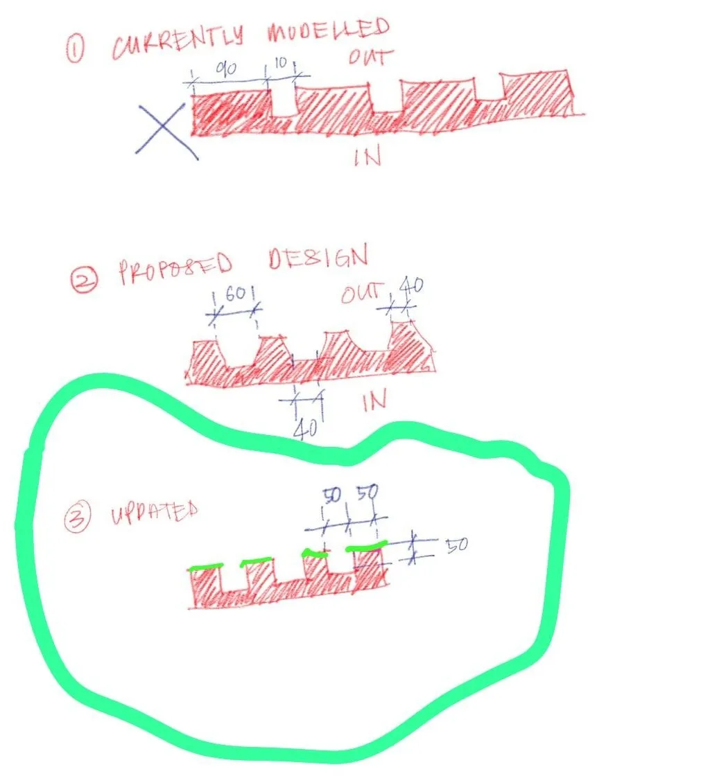 Hand sketch of three rib profiles in section, with the last one, 50 mm ribs 50 mm apart and 50 mm deep, circled in green