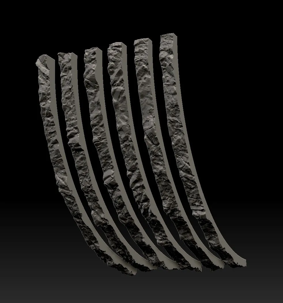 Render of six long curved strips, each with a rough rock texture on its face