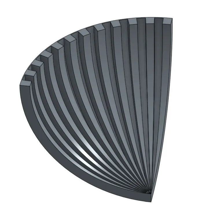 Render of the first corner design: a grey quarter bowl lined with curved ribs that meet at a point