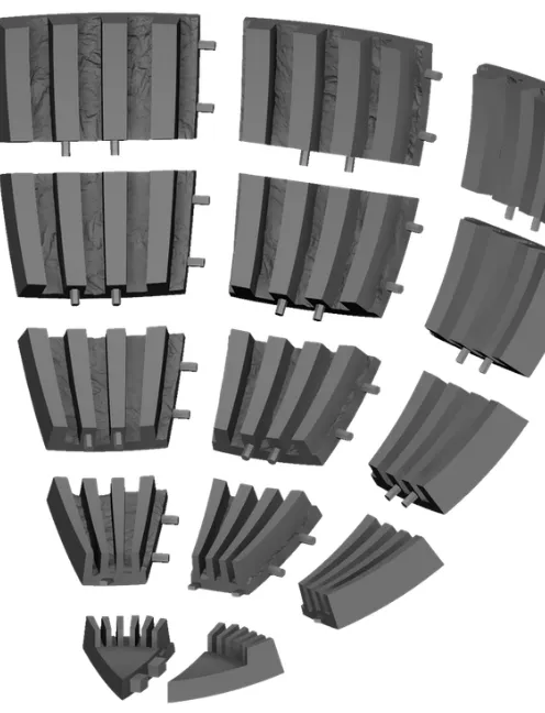 Render of the corner mould split into its printed parts, each with pegs, and a close-up of two parts fitting together