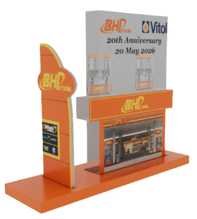 Render of the second design: an orange BHPetrol pylon sign beside the station front and the logo plaque, on a long orange base