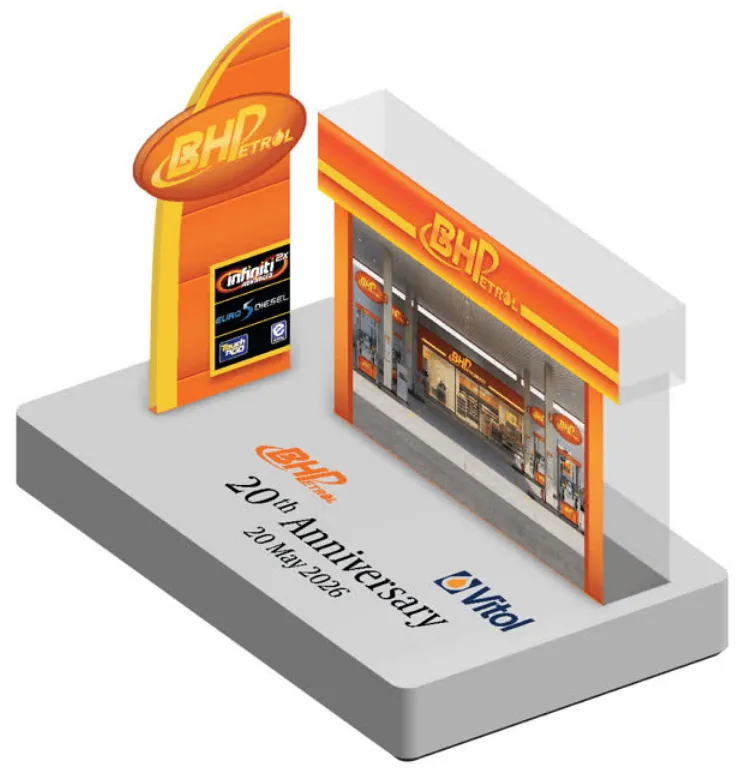 Render of the third design: the BHPetrol station and pylon sign on a flat base printed with the logos, 20th Anniversary and 20 May 2026