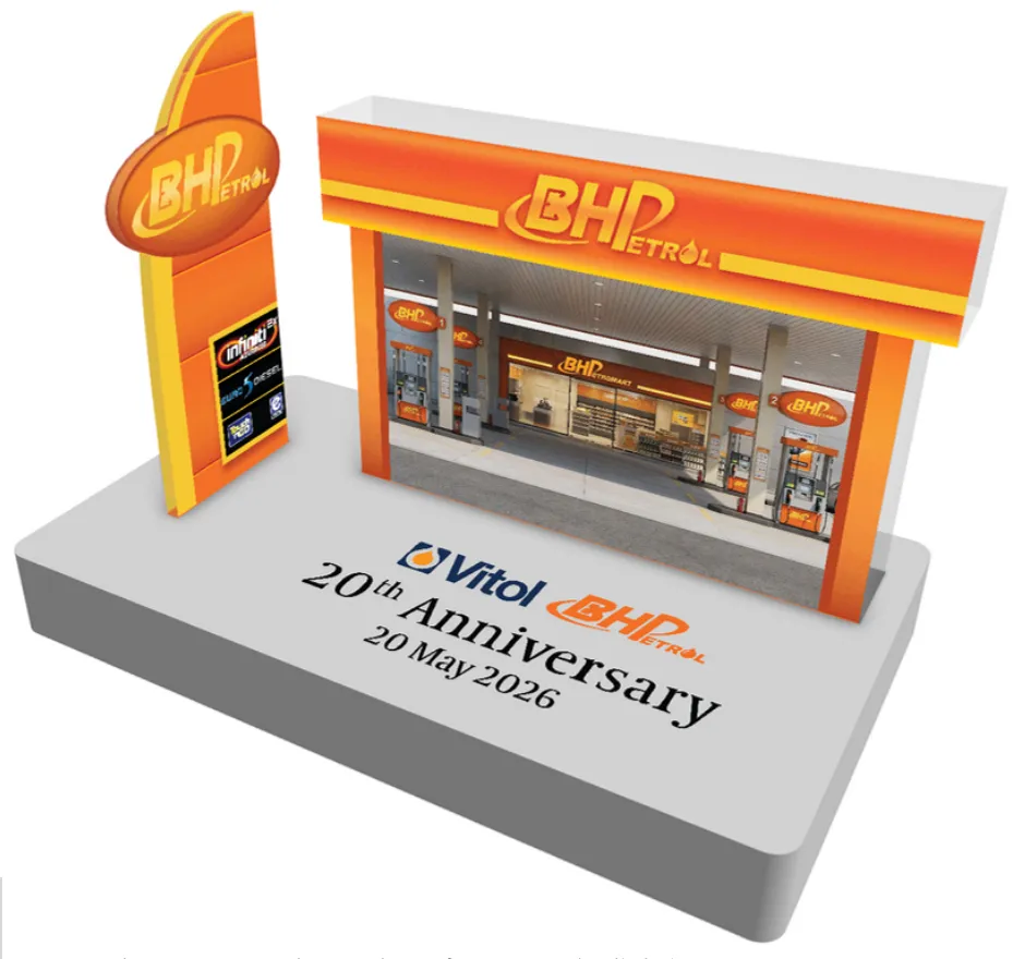 Render of the final design: the BHPetrol station and pylon sign on a base printed with the Vitol and BHPetrol logos, 20th Anniversary and 20 May 2026