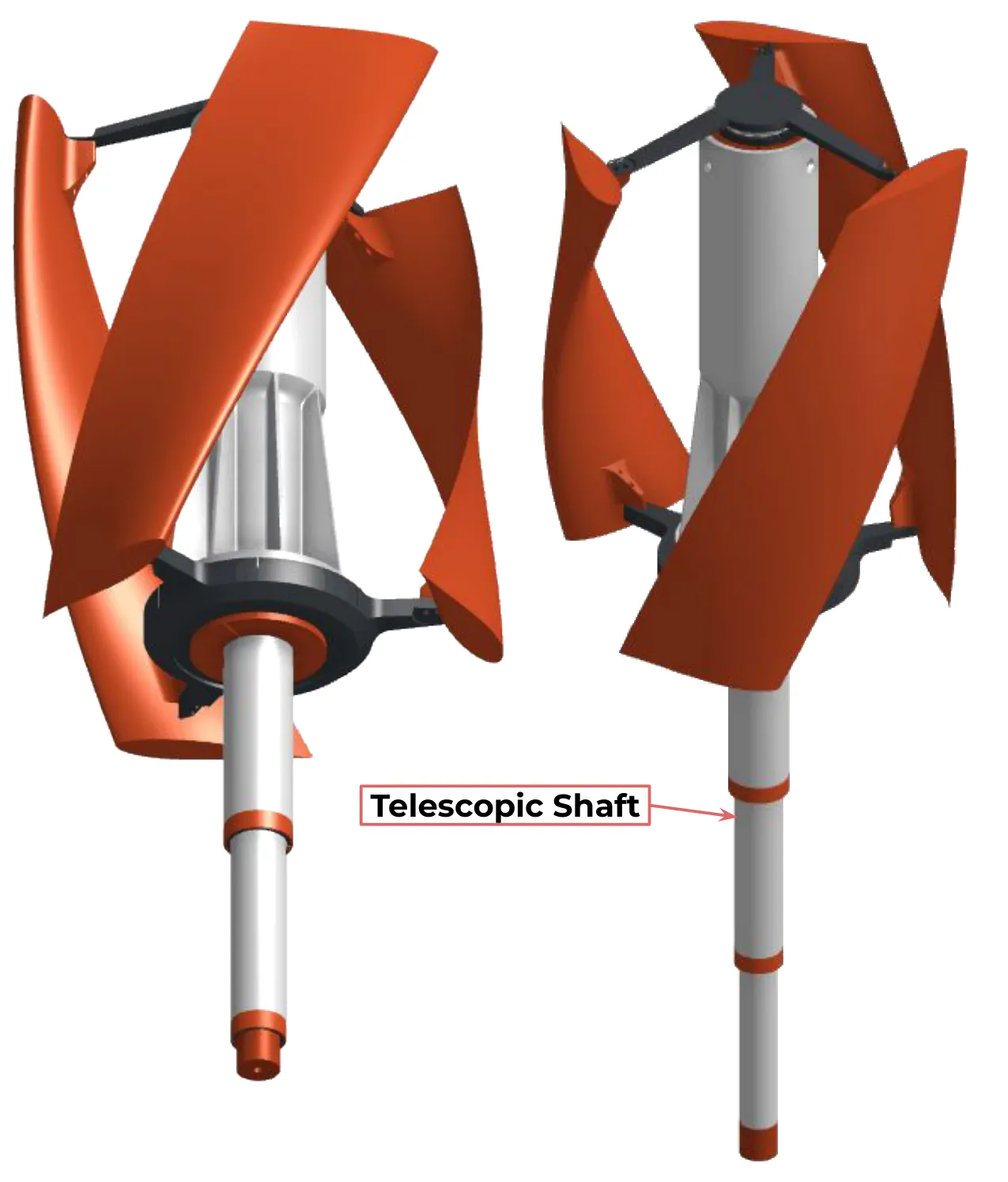 Render of the first design from two sides: three orange twisted blades on black arms around a white hub, standing on a telescopic shaft