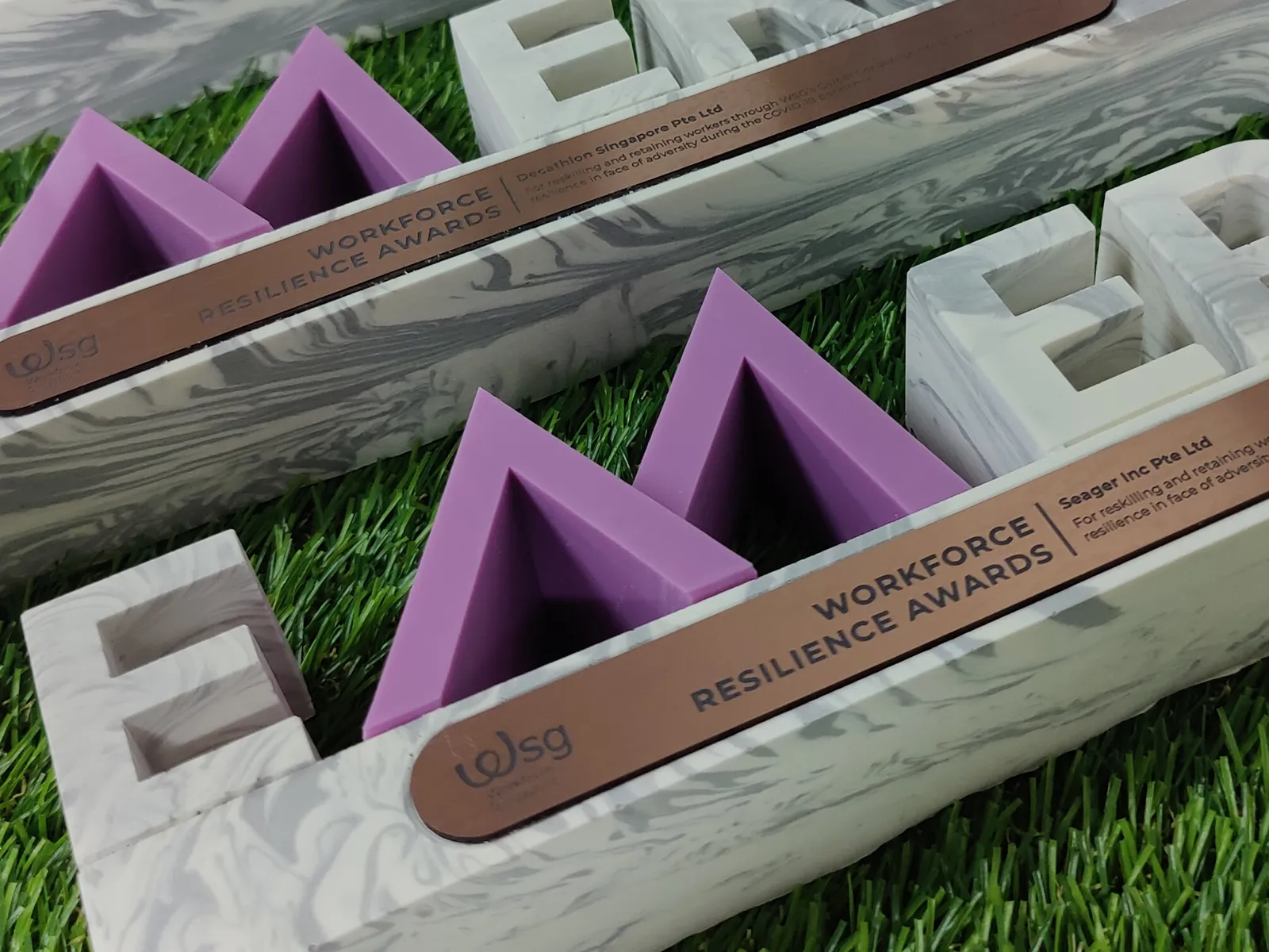 Close-up of two EMERGE trophies: the purple peaks of the M, the taller one behind, beside marbled grey-white letters and engraved brass plates