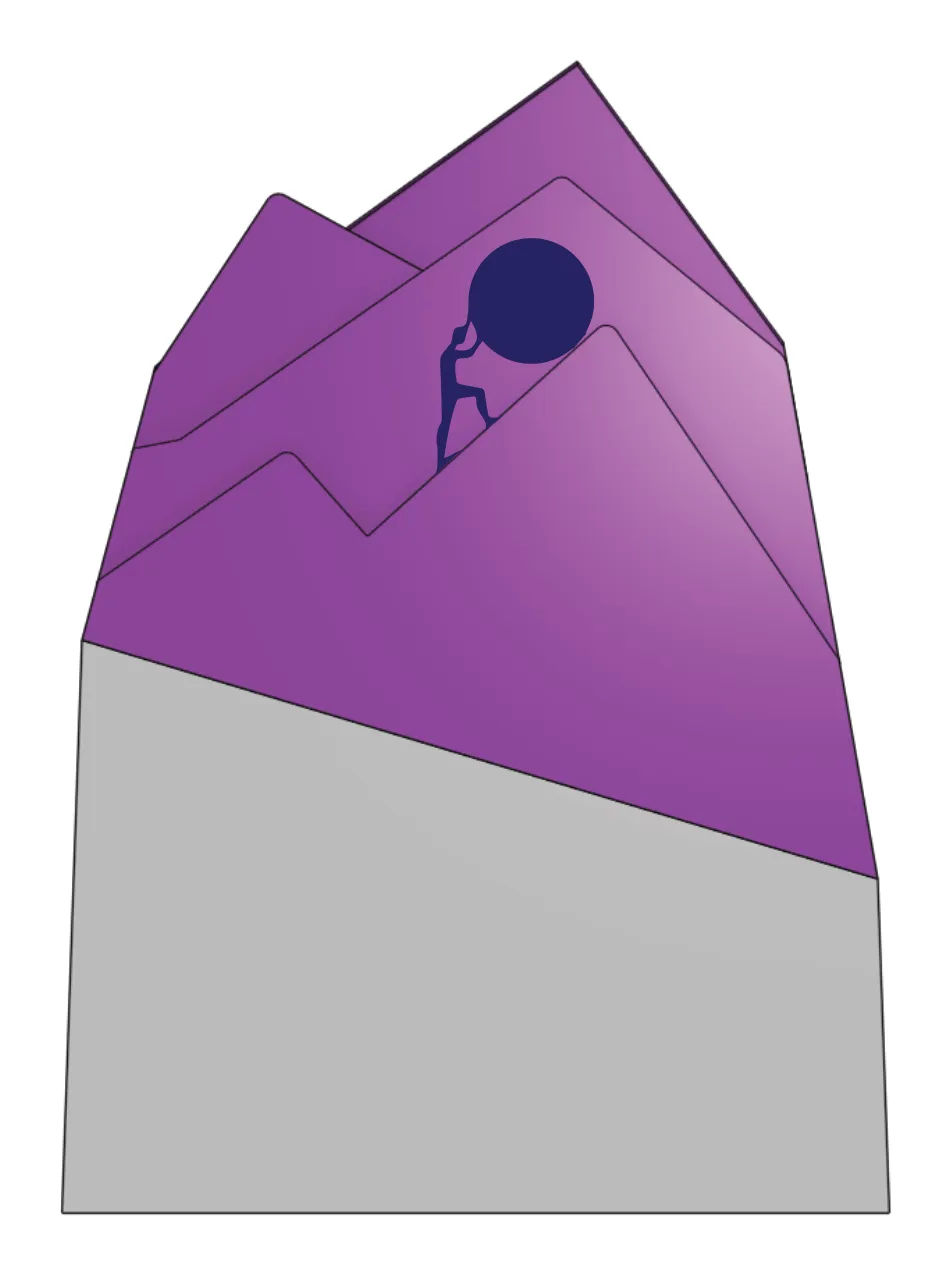Concept render of a purple faceted mountain on a grey base, with a small climber pushing a dark boulder up the slope