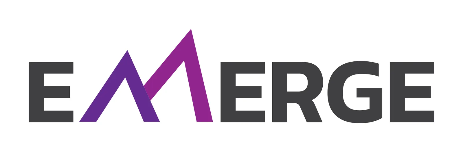 Concept artwork of the word EMERGE in dark grey letters, its M drawn as two purple peaks, the second one taller