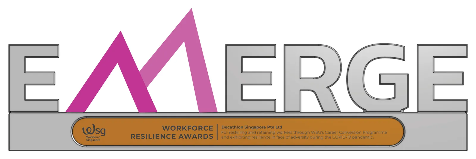 Approved 3D mock-up of the EMERGE trophy: grey letters, two purple peaks for the M, the lighter one taller and behind, and a brass plate with the WSG logo, award title and a winner's citation