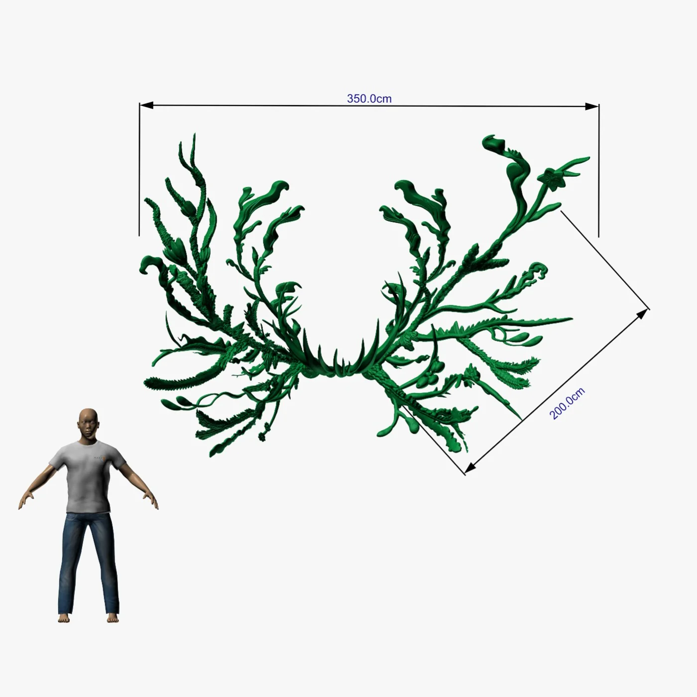 Drawing of the antlers dimensioned at 350 cm across and 200 cm along one side, next to a human figure for scale