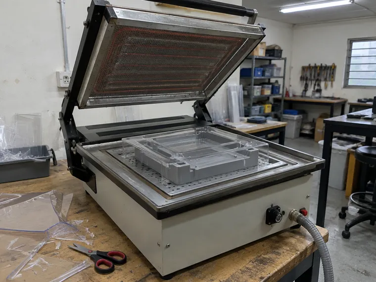 A benchtop vacuum former with its heater lifted and a thin clear tray formed over a grey 3D printed mould, offcuts of clear sheet on the bench