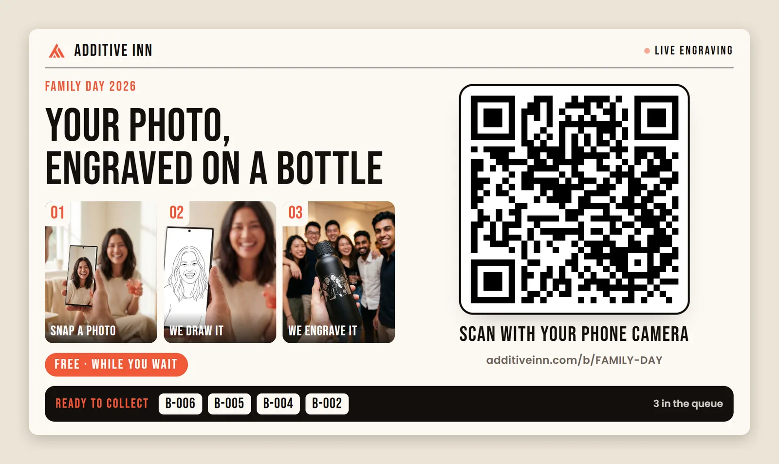 The booth screen at an event: a large QR code to scan, three steps from photo to engraved bottle, and the ticket numbers ready to collect