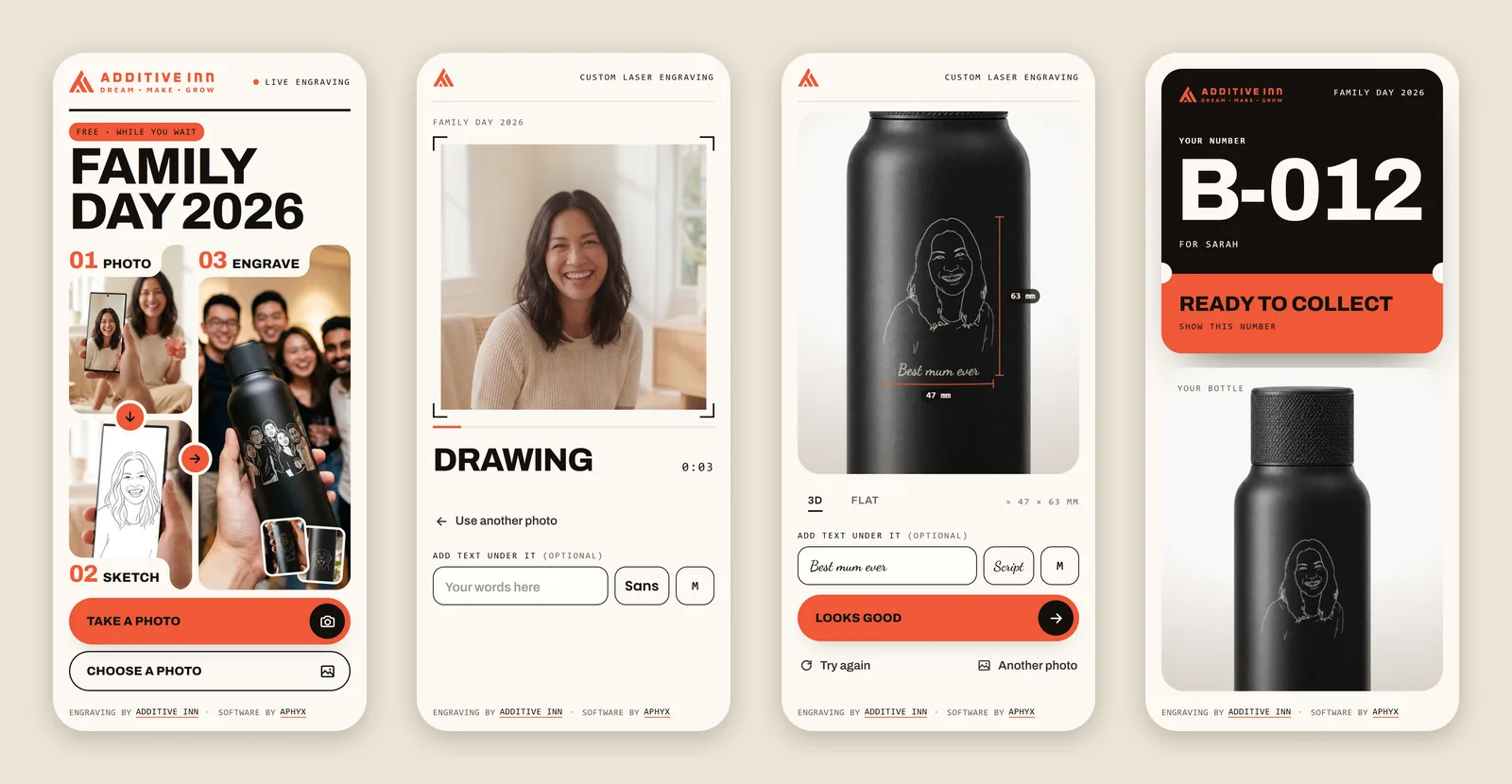 Four phone screens from the booth's guest page: the event page with Take a photo, a photo being drawn, the drawing on a 3D bottle with its size and a line of text, and a ticket reading Ready to collect