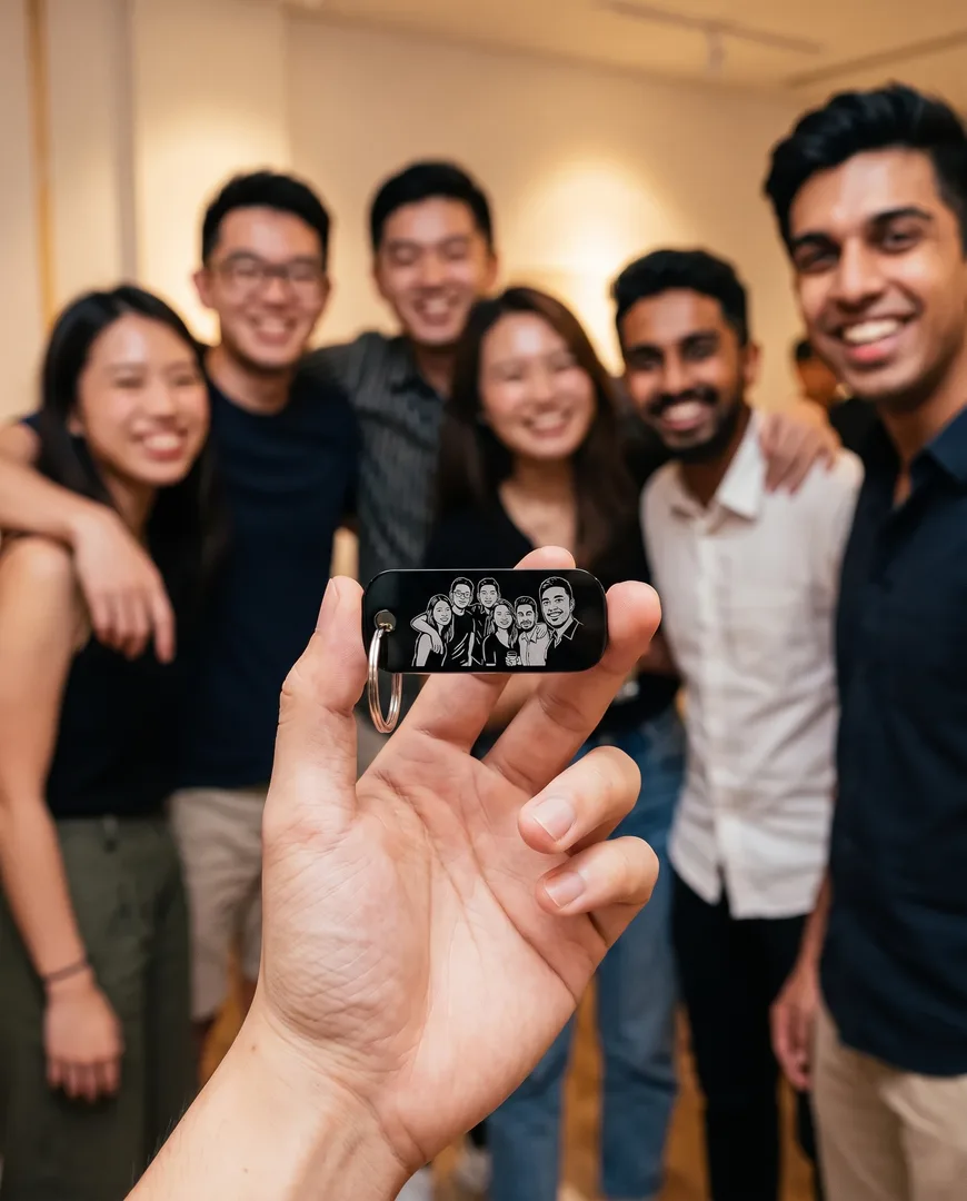 Colleagues holding up a black acrylic keychain engraved with a line drawing of their group