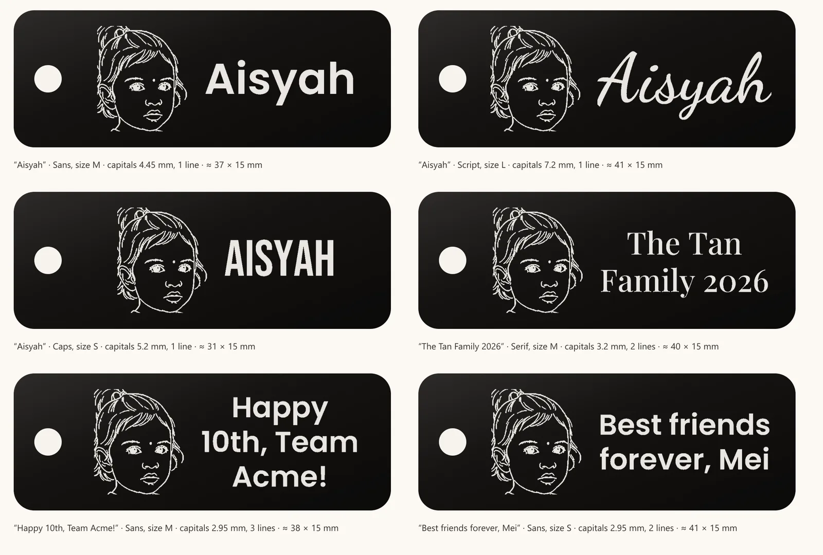Six black acrylic keychains, each engraved with a line portrait and a name or short phrase beside it in different fonts