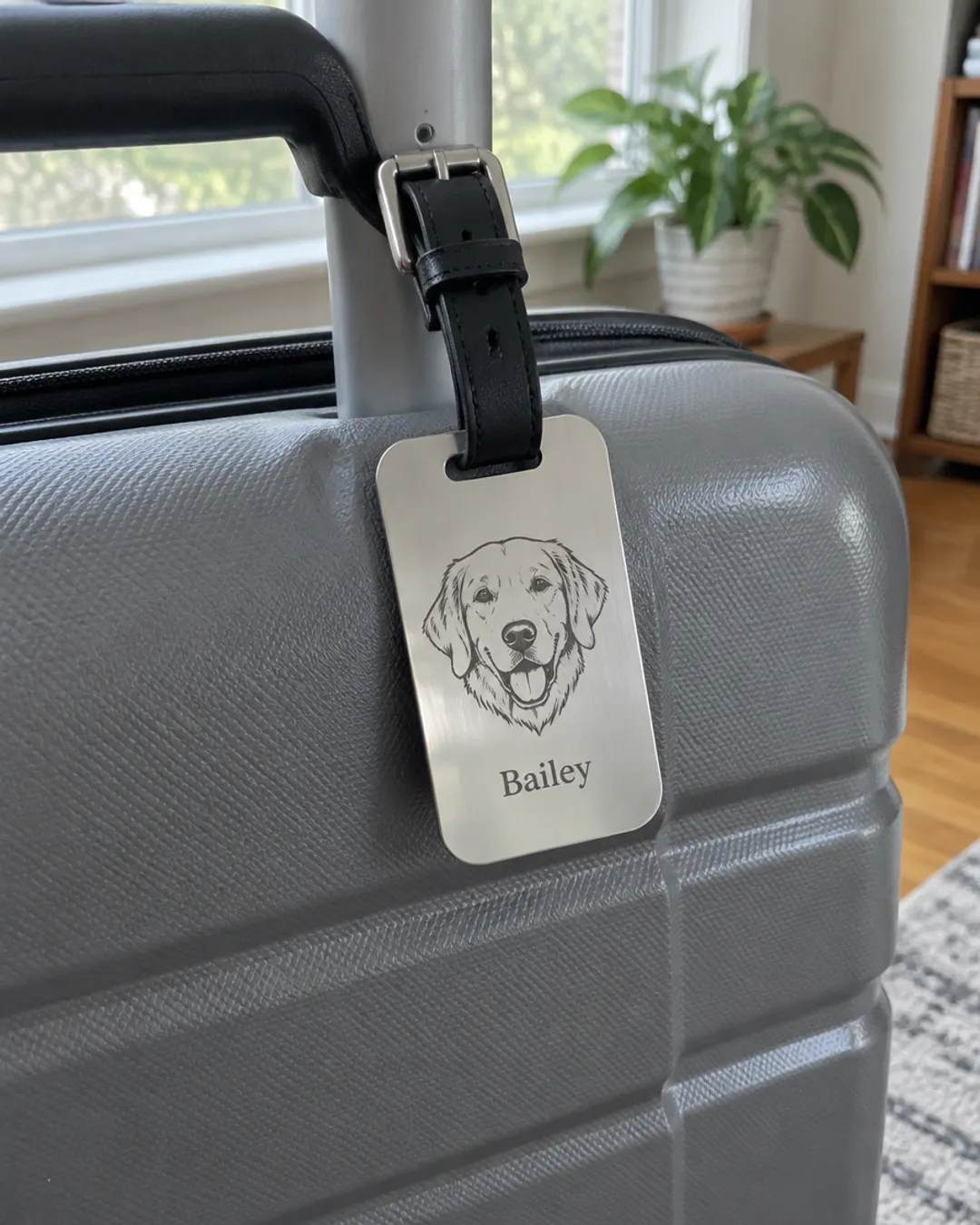 Illustration of a steel luggage tag on a black leather strap, clipped to a grey suitcase, with a line drawing of a golden retriever and the name Bailey