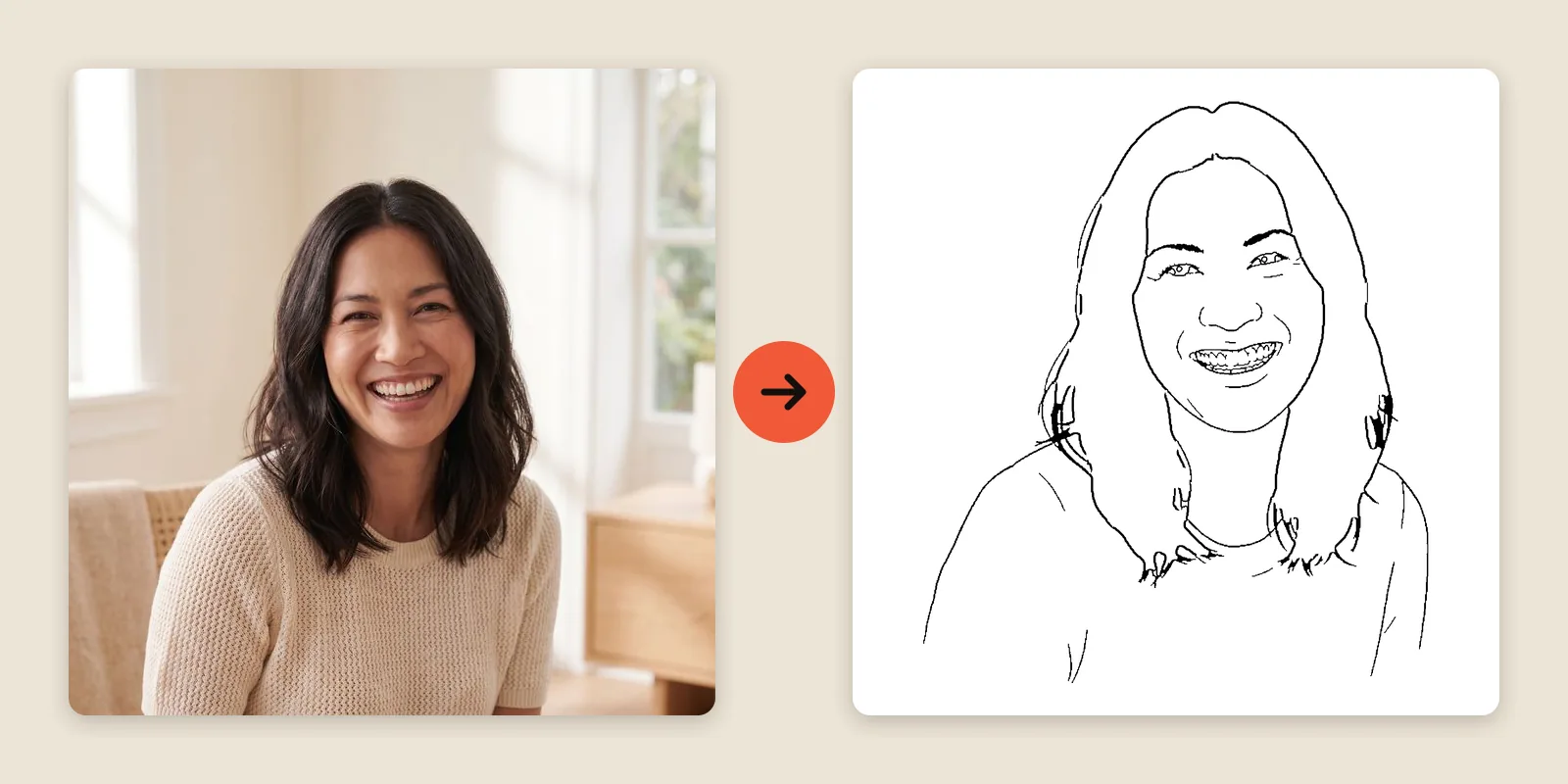 A guest's photo beside the clean line art the booth draws from it