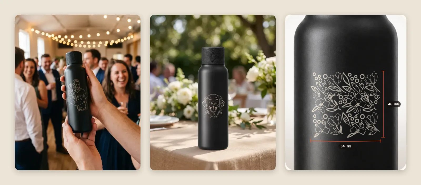 A couple's portrait and a dog's face as line art on black bottles, and a floral pattern on the 3D preview with its size in millimetres
