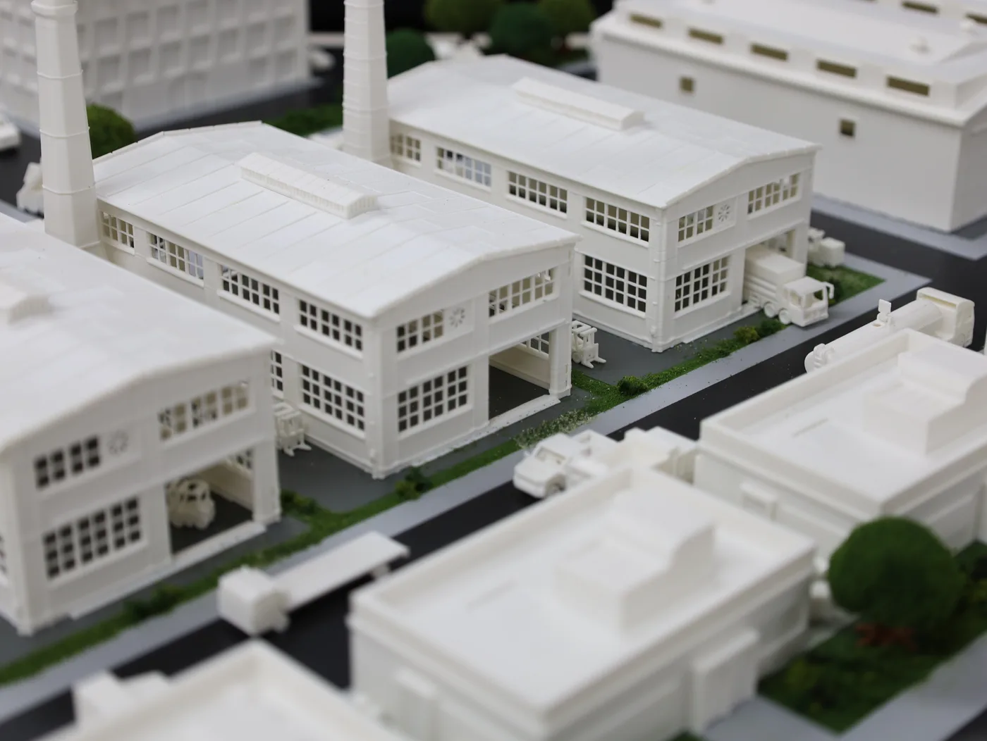 White architectural masterplan scale model of an industrial estate