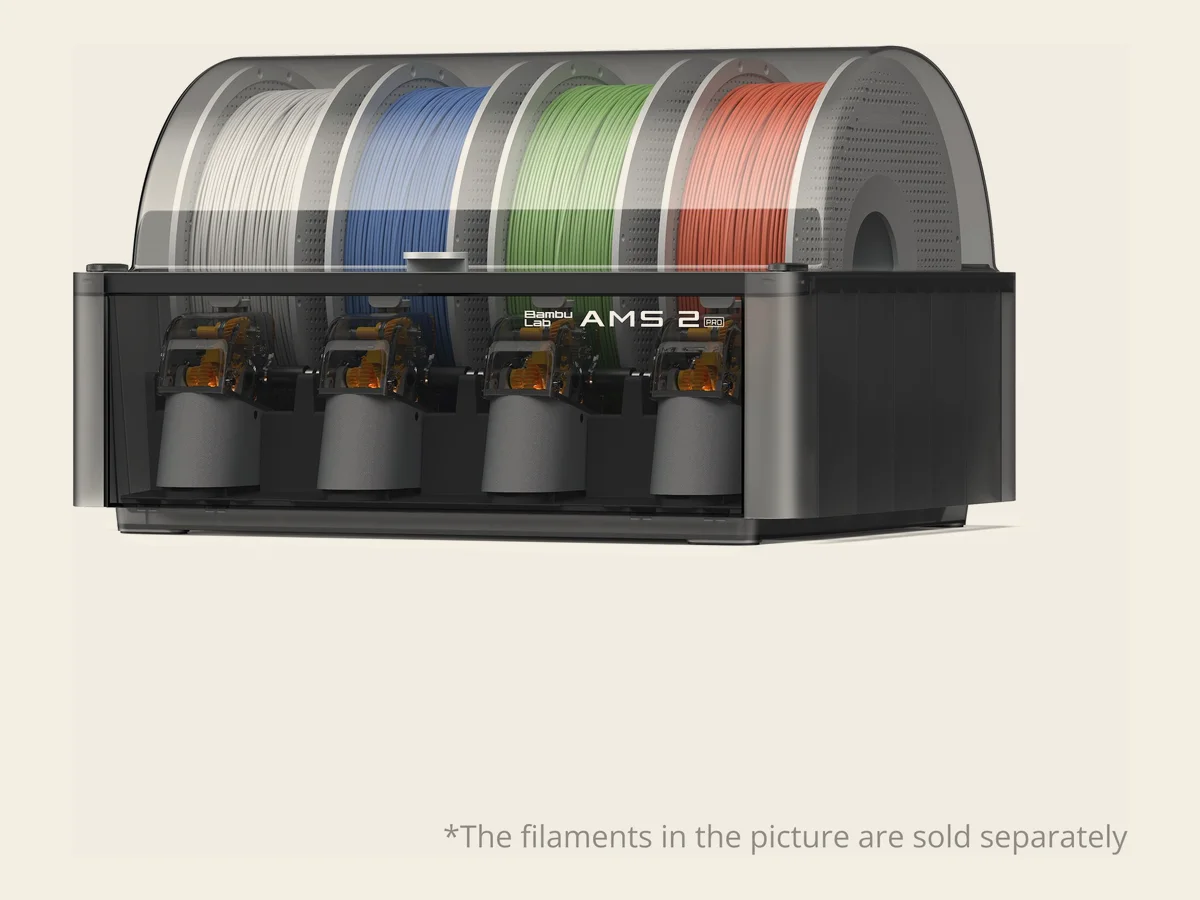 Bambu Lab AMS 2 Pro loaded with four spools of filament