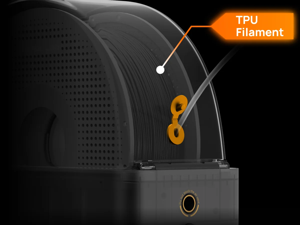 Cutaway render of the AMS HT with TPU filament running out through the bypass outlet
