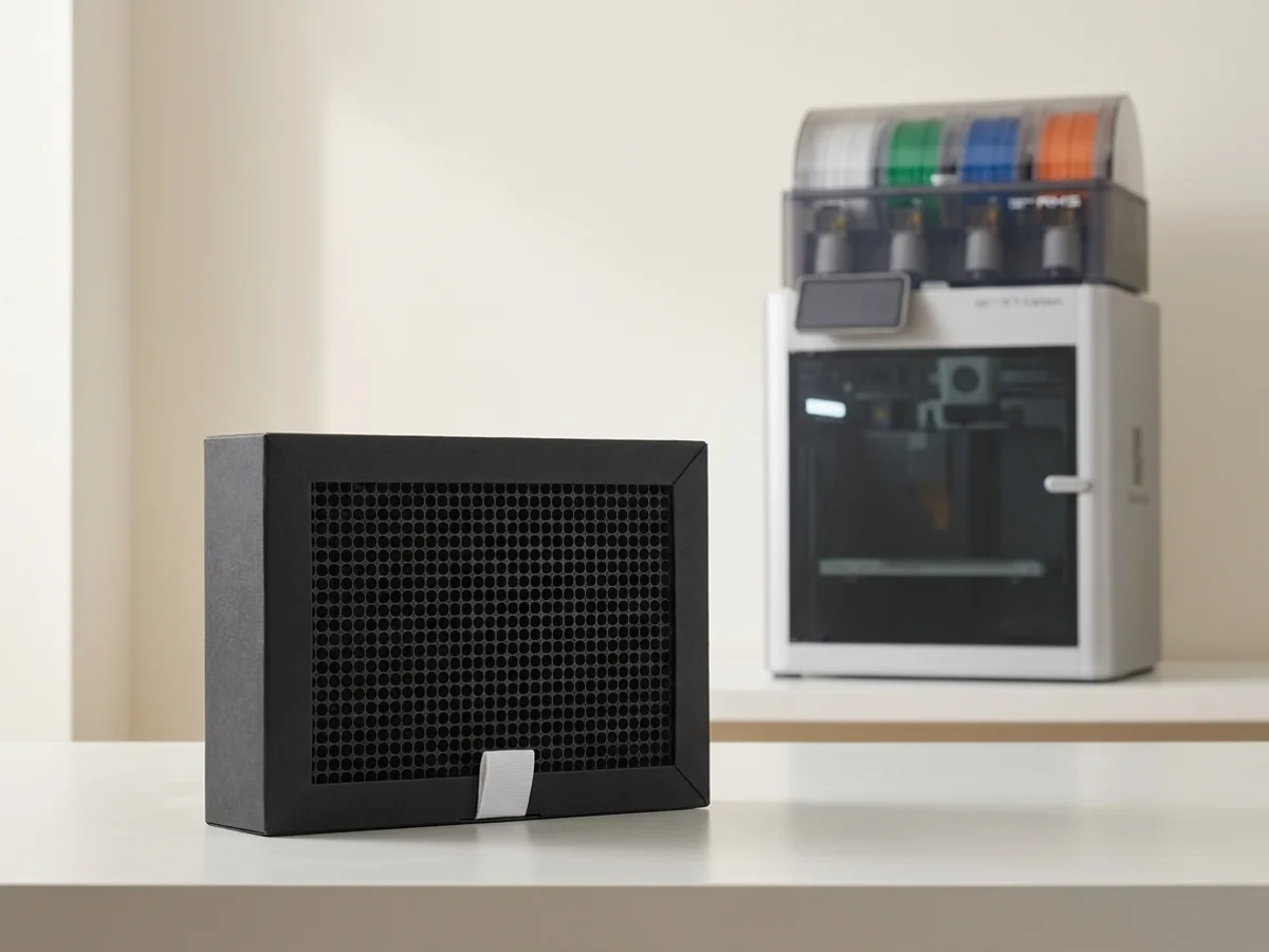 A Bambu Lab activated carbon filter cartridge on a workbench in front of an enclosed 3D printer