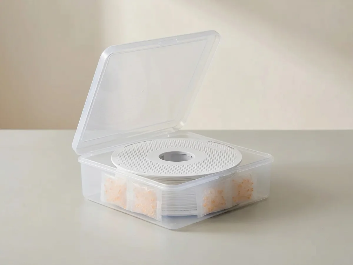 Silica gel and a sealed box. That's the whole storage system.