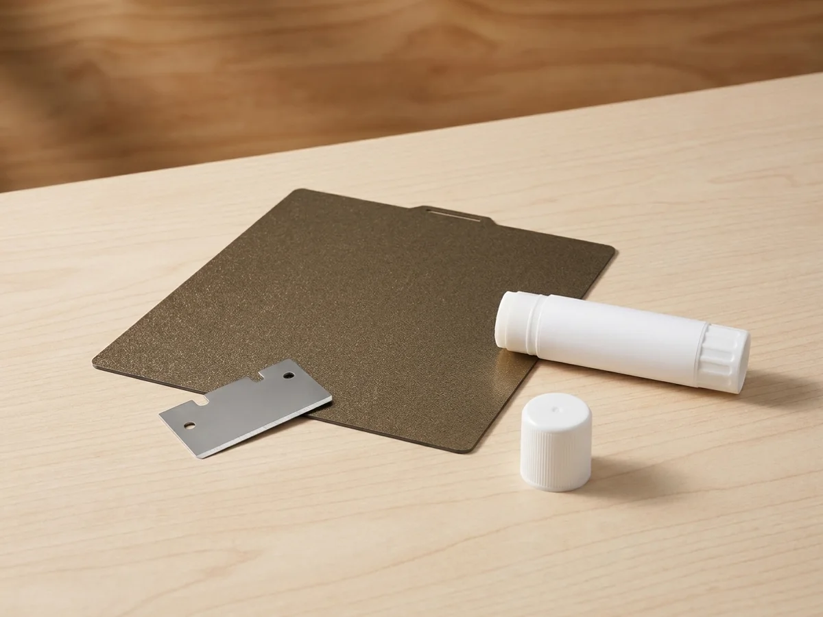 A Bambu Lab glue stick with its cap off and a stainless scraper blade resting on a textured PEI build plate