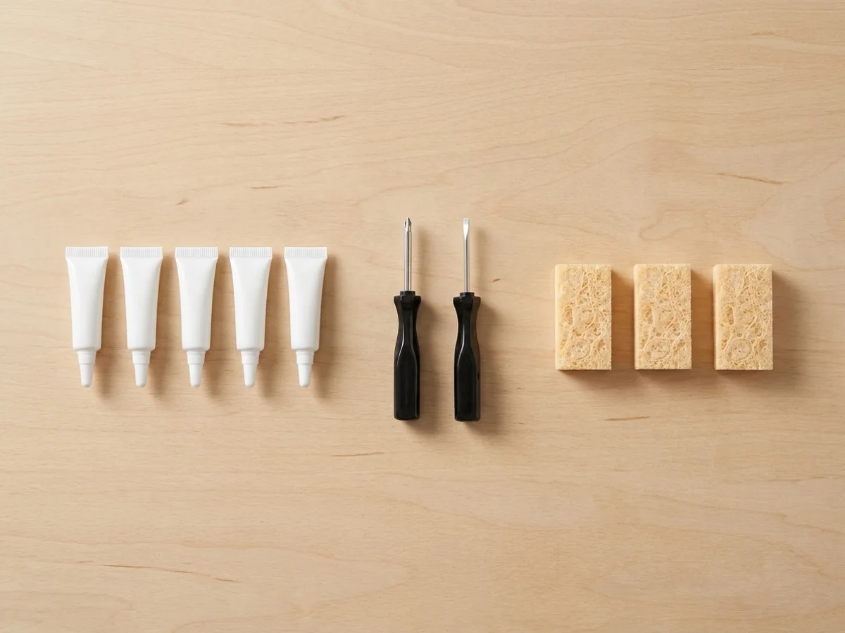 Lubricant oil tubes, a two-piece mini screwdriver set and nozzle cleaning sponges laid out on a workbench