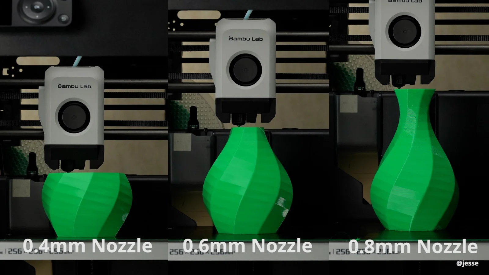 The same vase printing at 0.4mm, 0.6mm and 0.8mm nozzle sizes on three Bambu Lab printers