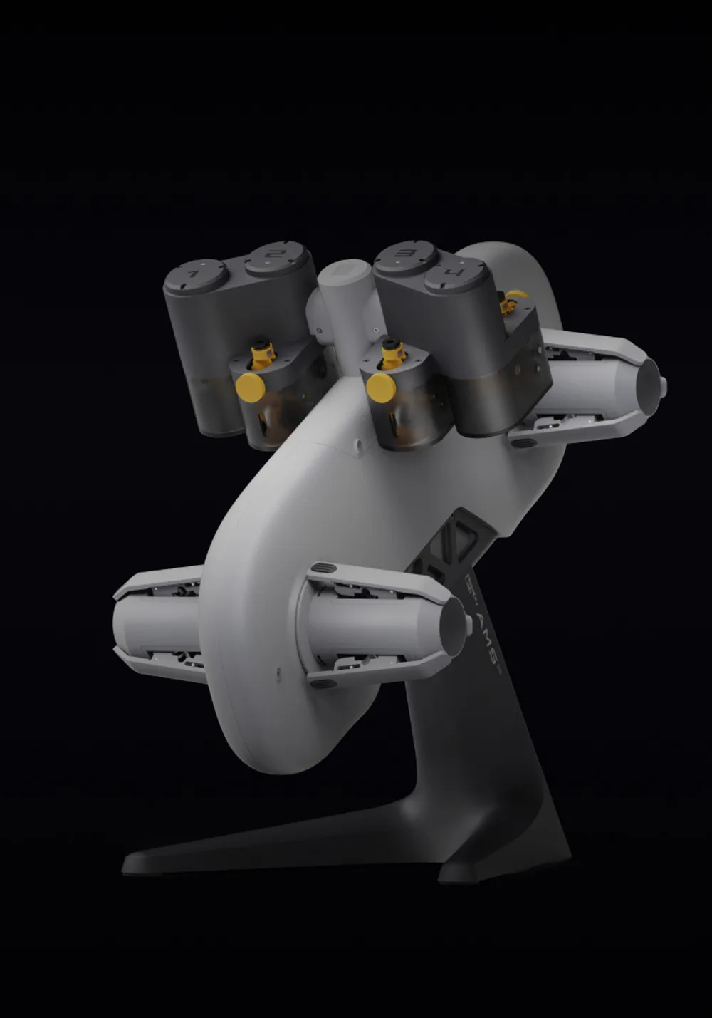 Four spools on an open stand. Bambu Lab render.