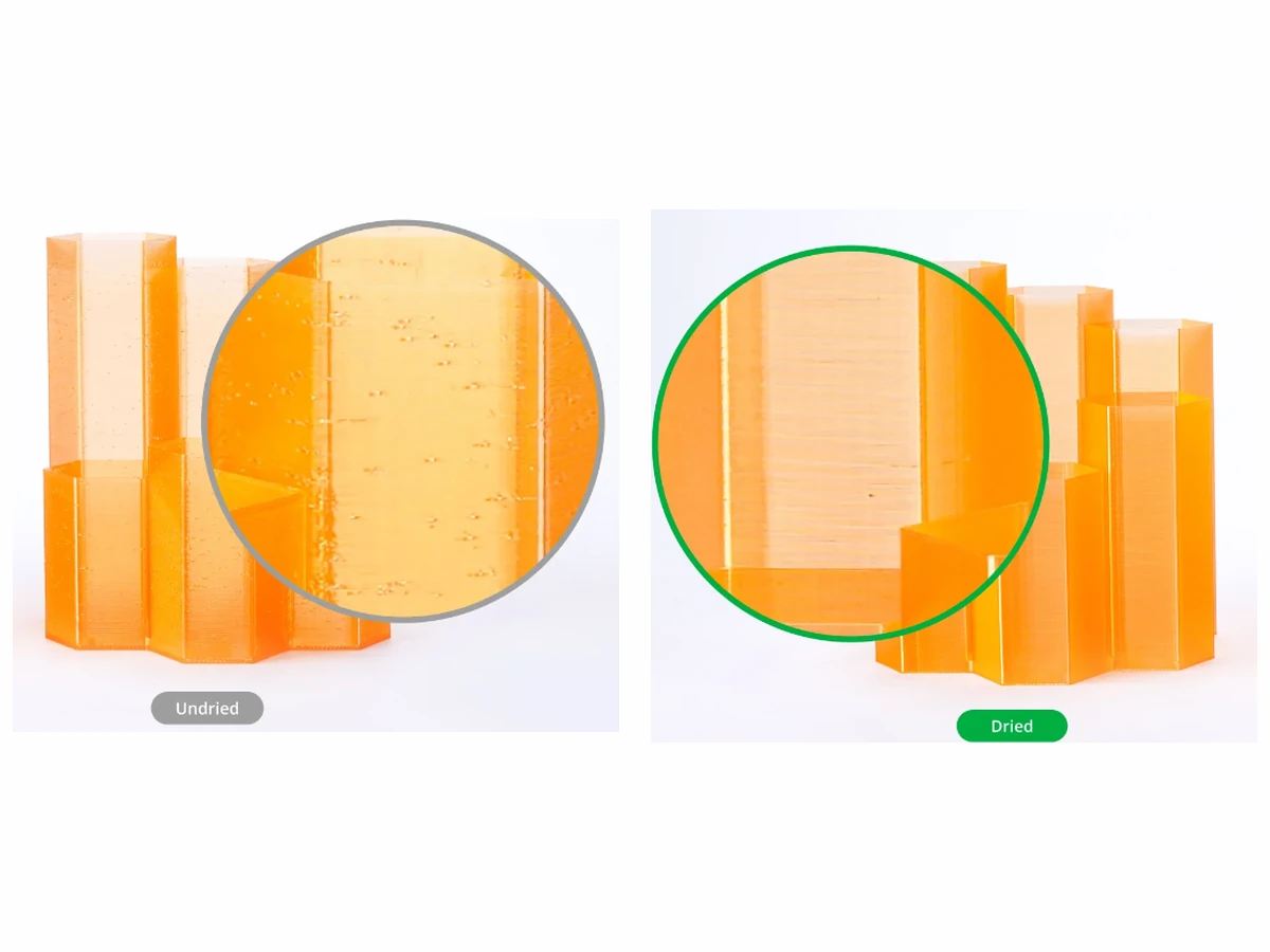 The same translucent PETG, undried and dried. Bambu Lab photo.