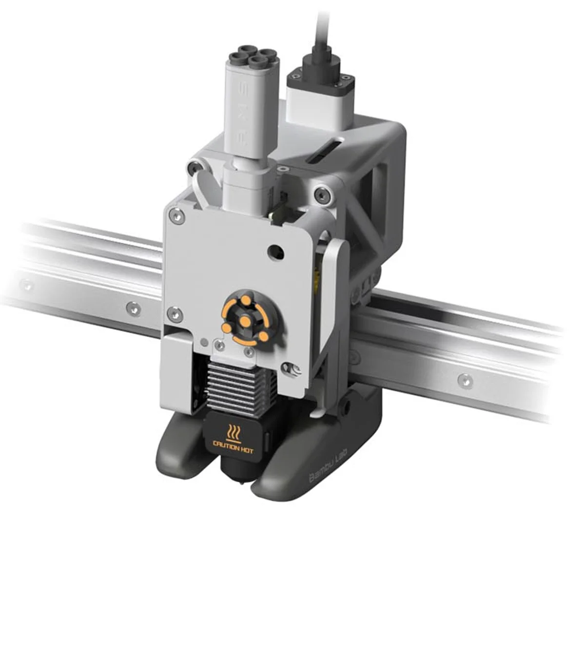 An A-series toolhead with its cover off, riding the X rail, extruder gear and hotend exposed