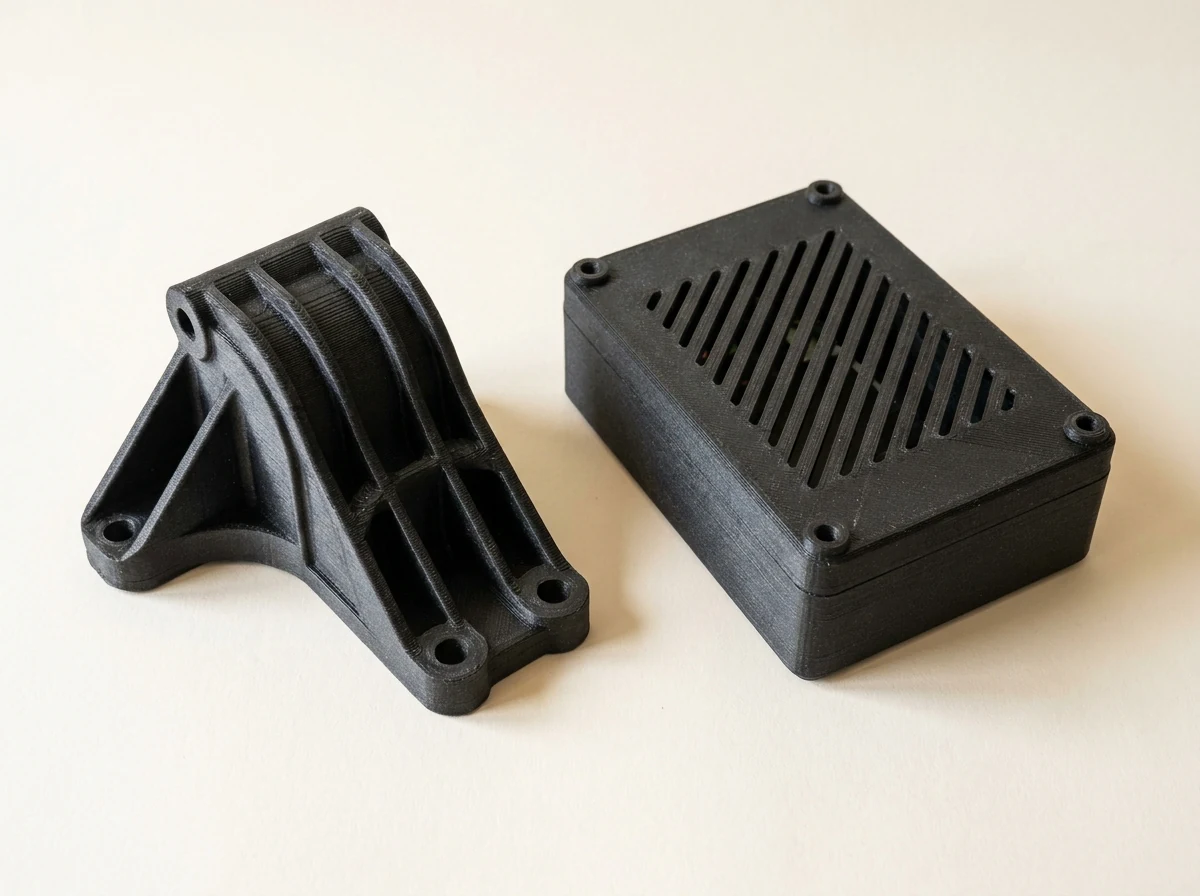 ABS parts: a matte black automotive bracket and a vented electronics enclosure