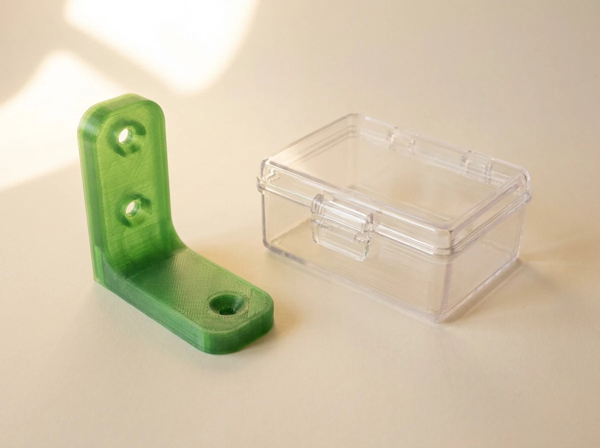 PETG parts: a translucent green wall bracket and a clear lidded box