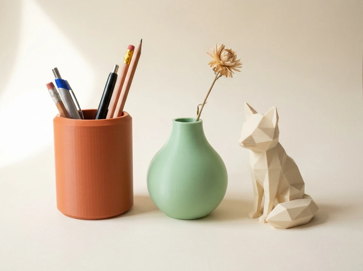 3D printed PLA objects: a pen holder, a vase and a low-poly figurine