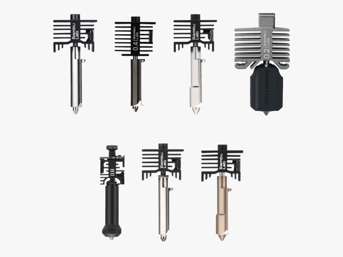 The Bambu Lab hotend range in stainless steel, hardened steel and tungsten carbide