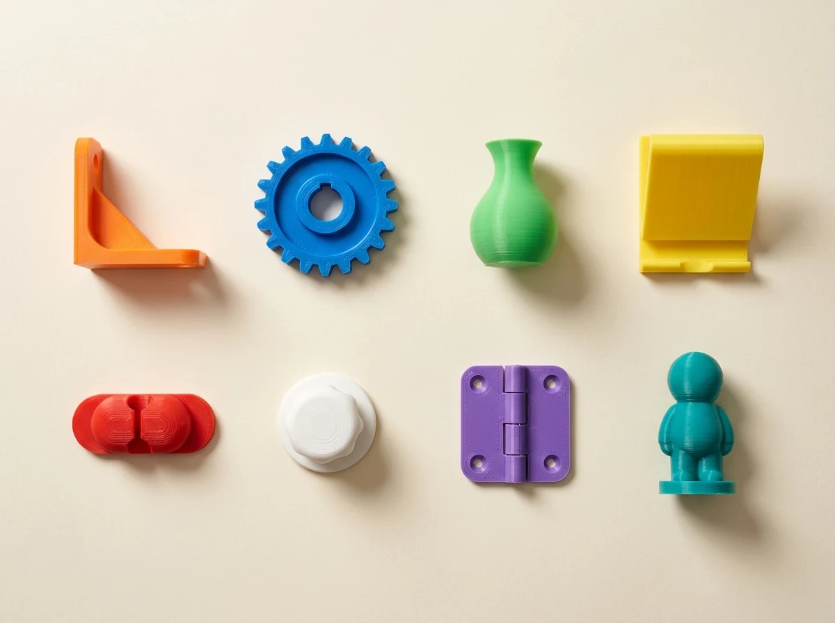 Nine small printed parts laid out on a table, including a bracket, a gear and a hinge