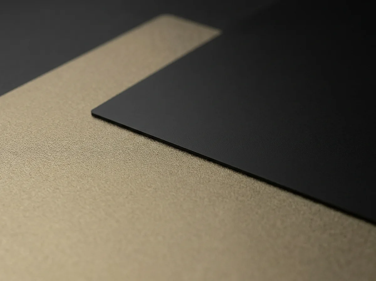The tan granular textured surface and the matte black smooth surface meeting along a straight edge.