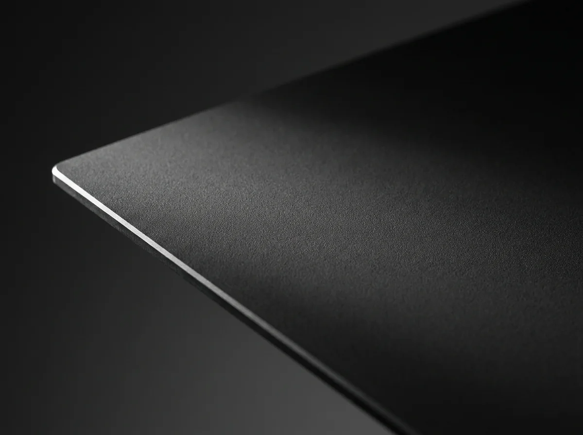 Raking light across the matte black engineering plate, its steel edge catching a fine bright line.