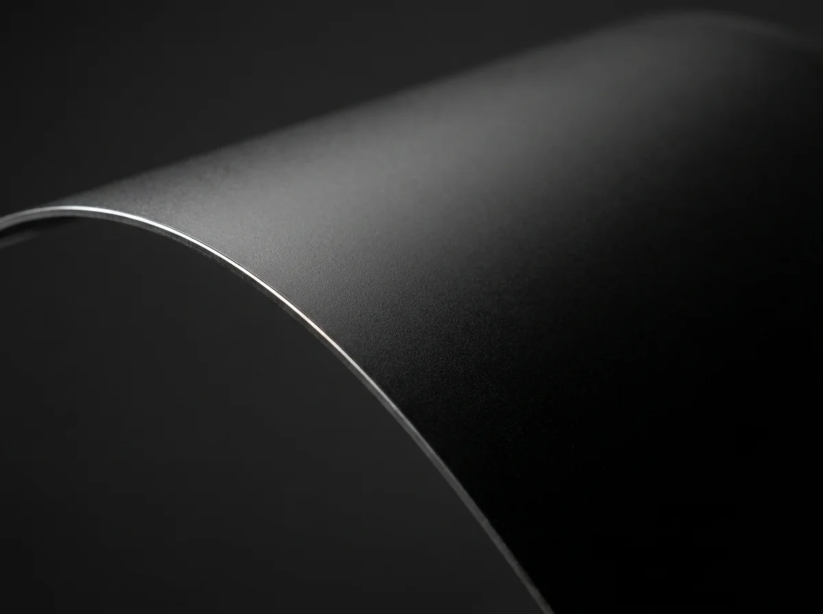A flexible black build plate curving through the frame, its thin steel edge catching a bright line of light.