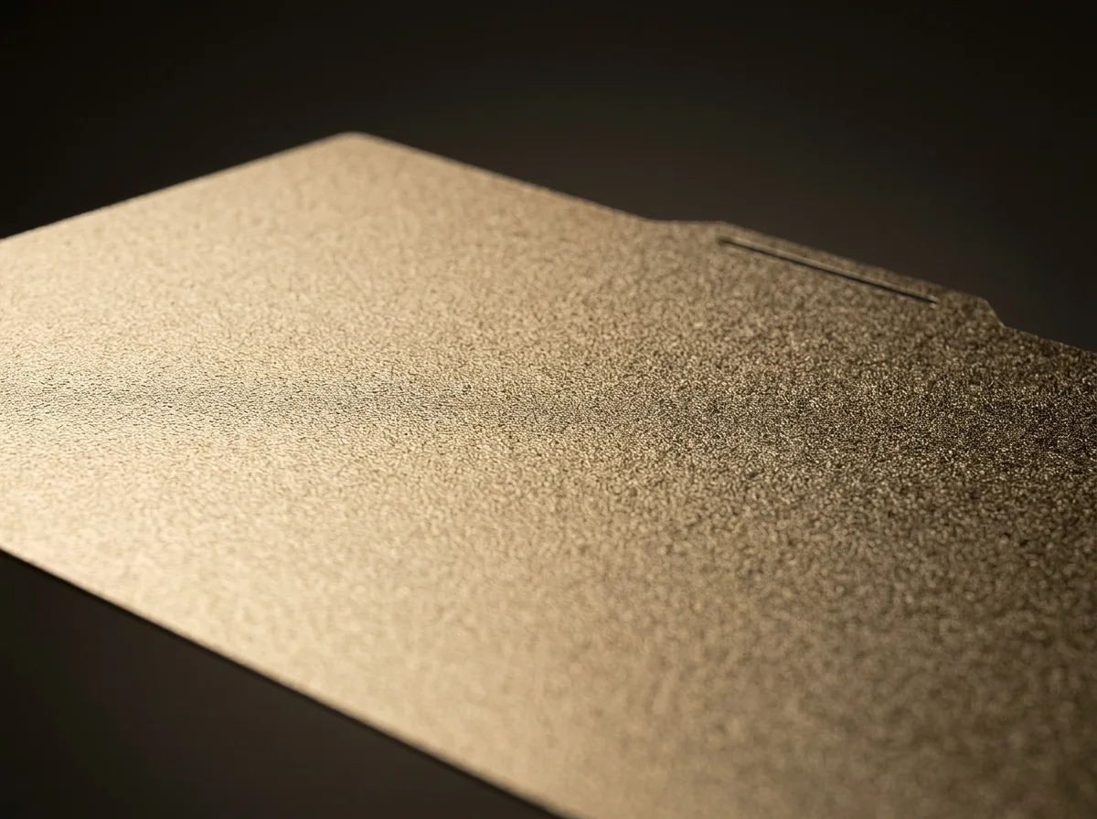 Low raking light across the gold textured PEI surface, showing its fine granular finish.